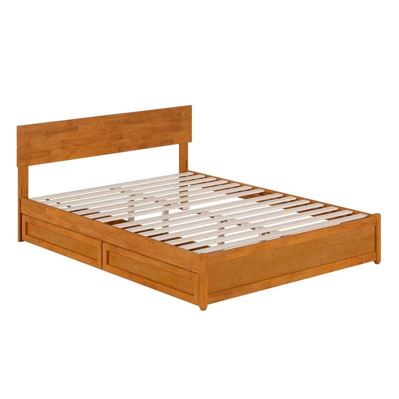 Wesley Queen Wood Platform Bed with Panel Footboard & Drawers in Light Toffee