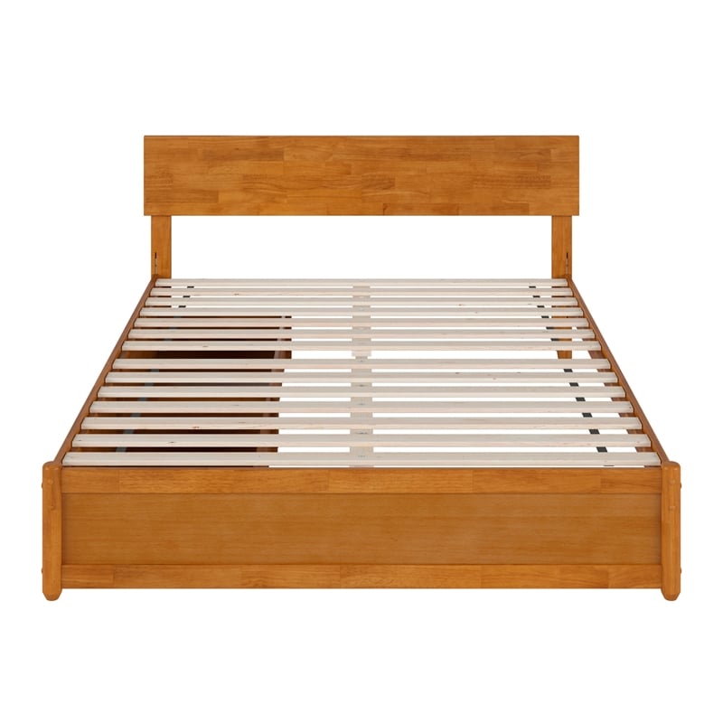 Wesley Queen Wood Platform Bed with Panel Footboard & Drawers in Light Toffee