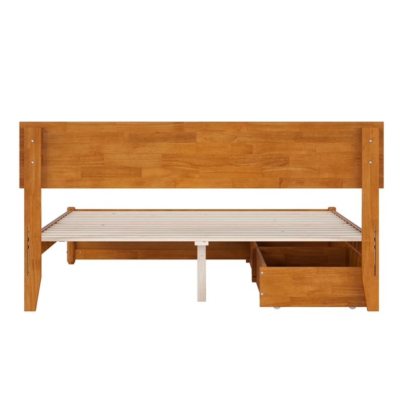 Wesley Queen Wood Platform Bed with Panel Footboard & Drawers in Light Toffee