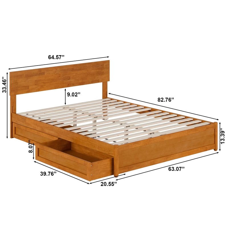 Wesley Queen Wood Platform Bed with Panel Footboard & Drawers in Light Toffee
