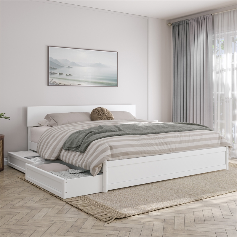 Wesley King Wood Platform Bed with Panel Footboard and Storage Drawers in White