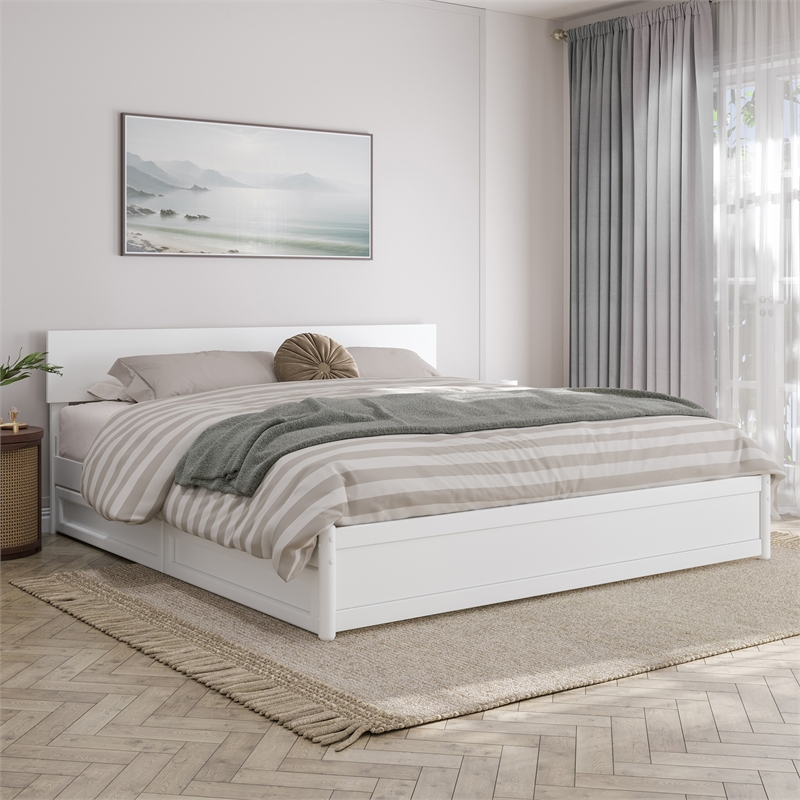 Wesley King Wood Platform Bed with Panel Footboard and Storage Drawers in White