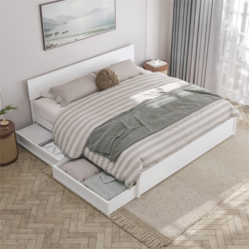 Wesley King Wood Platform Bed with Panel Footboard and Storage Drawers in White