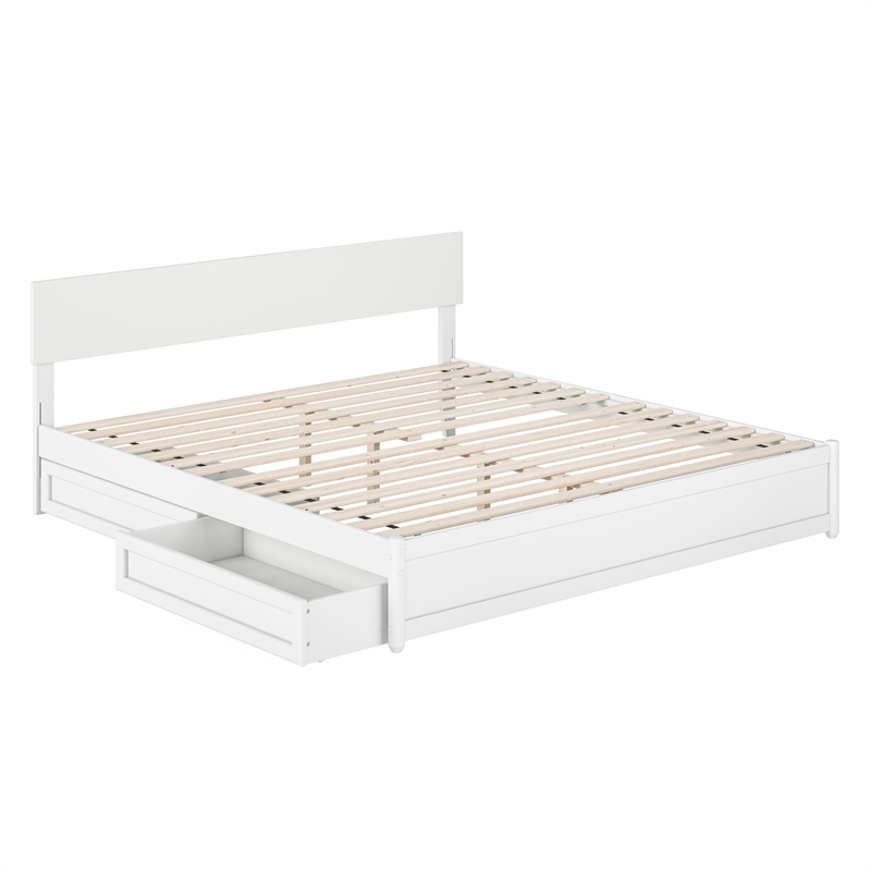 Wesley King Wood Platform Bed with Panel Footboard and Storage Drawers in White