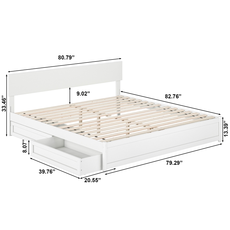 Wesley King Wood Platform Bed with Panel Footboard and Storage Drawers in White
