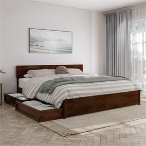 Wesley King Wood Platform Bed with Panel Footboard and Storage Drawers in Walnut