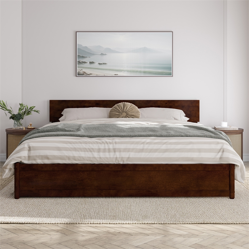 Wesley King Wood Platform Bed with Panel Footboard and Storage Drawers in Walnut