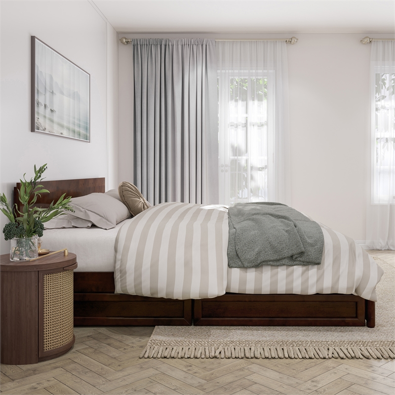 Wesley King Wood Platform Bed with Panel Footboard and Storage Drawers in Walnut