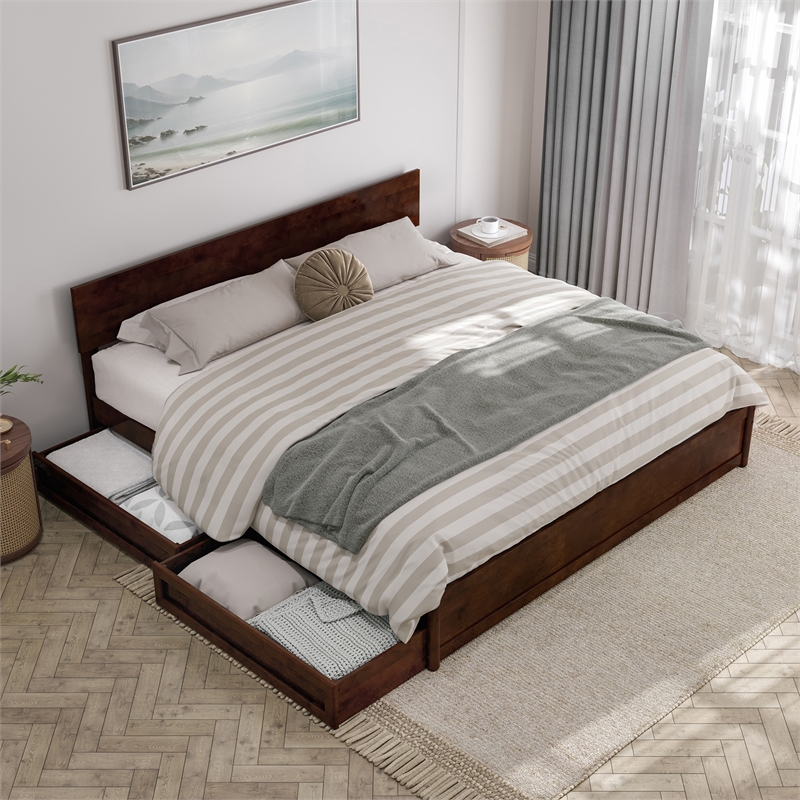 Wesley King Wood Platform Bed with Panel Footboard and Storage Drawers in Walnut