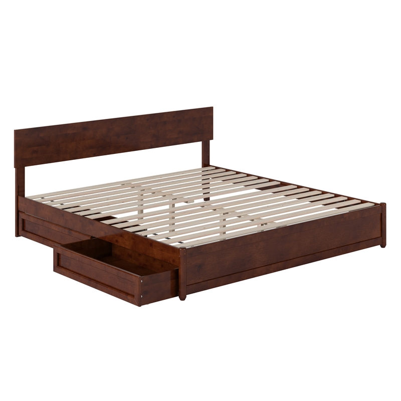 Wesley King Wood Platform Bed with Panel Footboard and Storage Drawers in Walnut