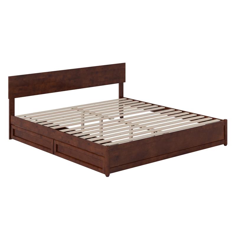 Wesley King Wood Platform Bed with Panel Footboard and Storage Drawers in Walnut