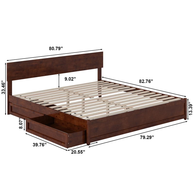 Wesley King Wood Platform Bed with Panel Footboard and Storage Drawers in Walnut