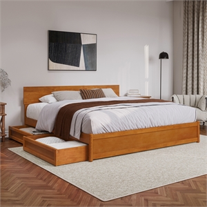 Wesley King Wood Platform Bed with Panel Footboard & Drawers in Light Toffee