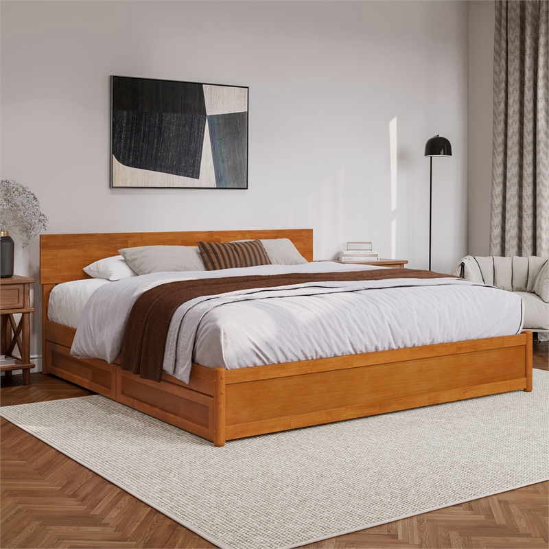 Wesley King Wood Platform Bed with Panel Footboard & Drawers in Light Toffee