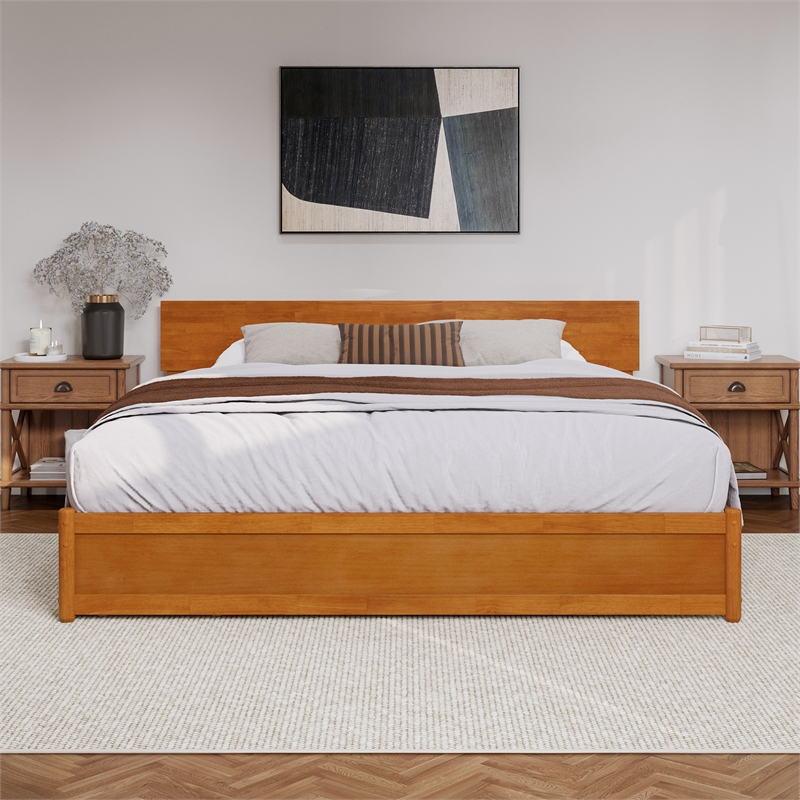 Wesley King Wood Platform Bed with Panel Footboard & Drawers in Light Toffee