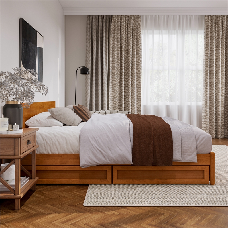 Wesley King Wood Platform Bed with Panel Footboard & Drawers in Light Toffee