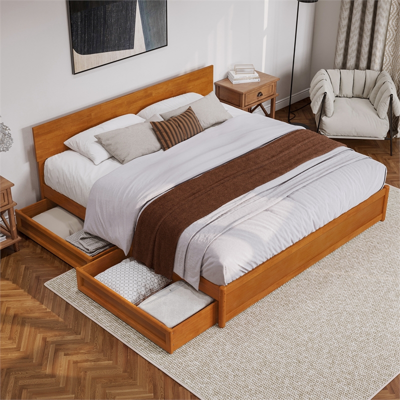 Wesley King Wood Platform Bed with Panel Footboard & Drawers in Light Toffee