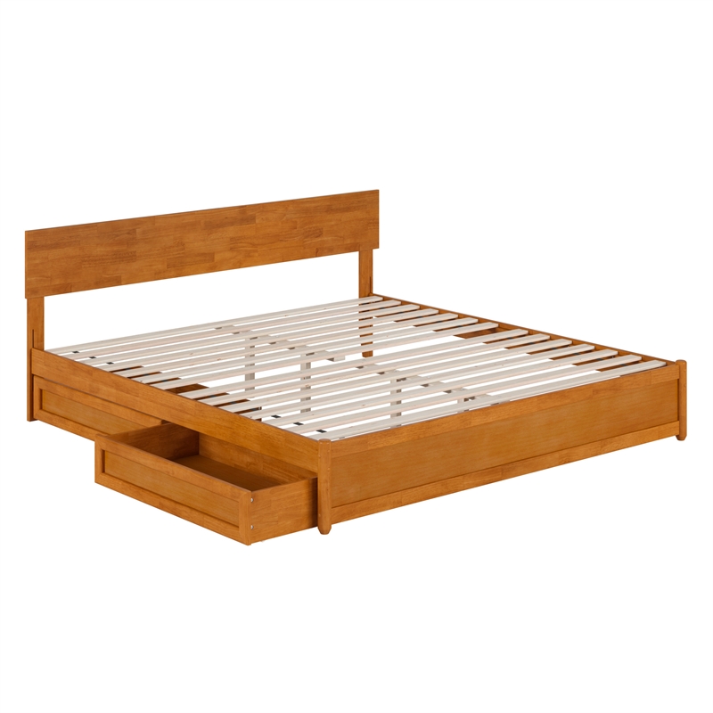 Wesley King Wood Platform Bed with Panel Footboard & Drawers in Light Toffee