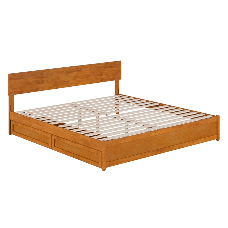 Wesley King Wood Platform Bed with Panel Footboard & Drawers in Light Toffee