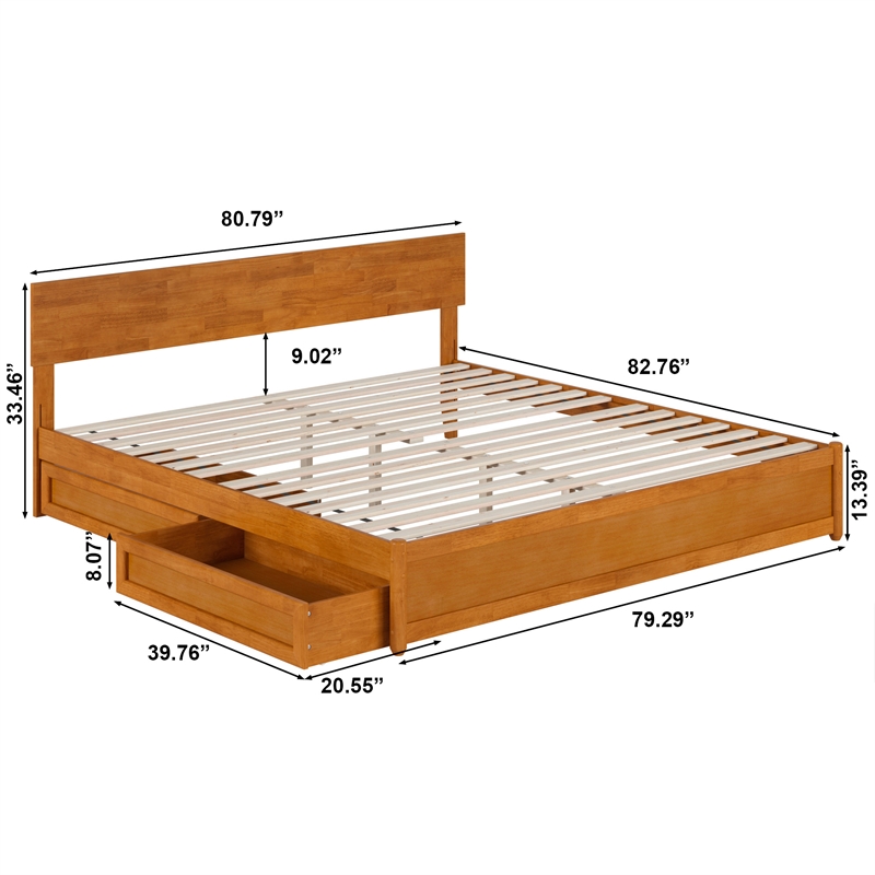 Wesley King Wood Platform Bed with Panel Footboard & Drawers in Light Toffee