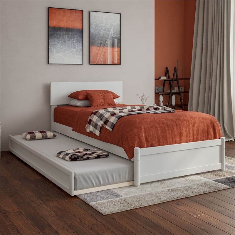Wesley Twin XL Wood Platform Bed with Panel Footboard & Twin XL Trundle in White