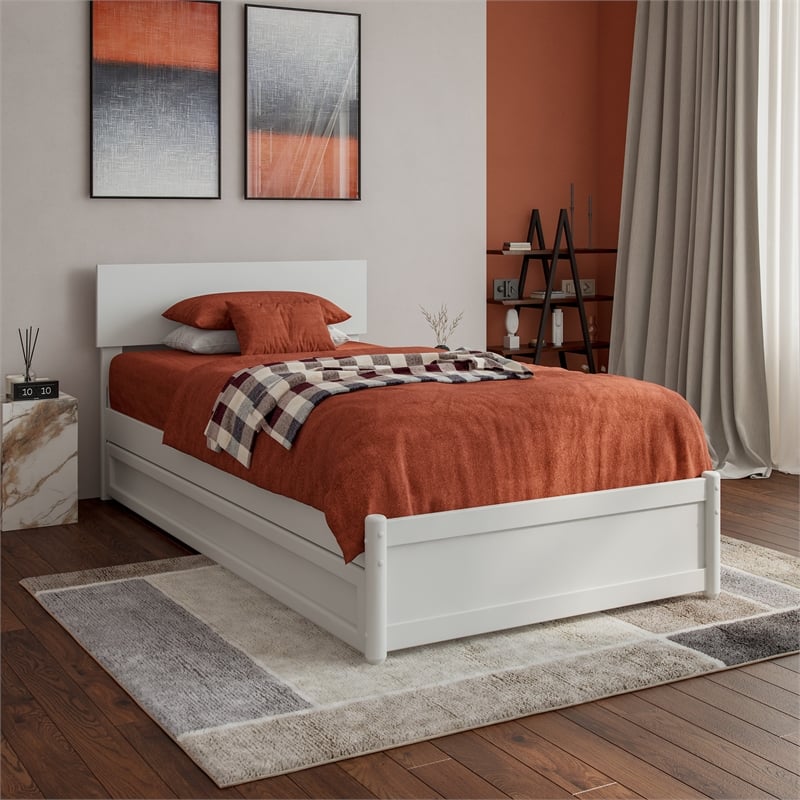 Wesley Twin XL Wood Platform Bed with Panel Footboard & Twin XL Trundle in White
