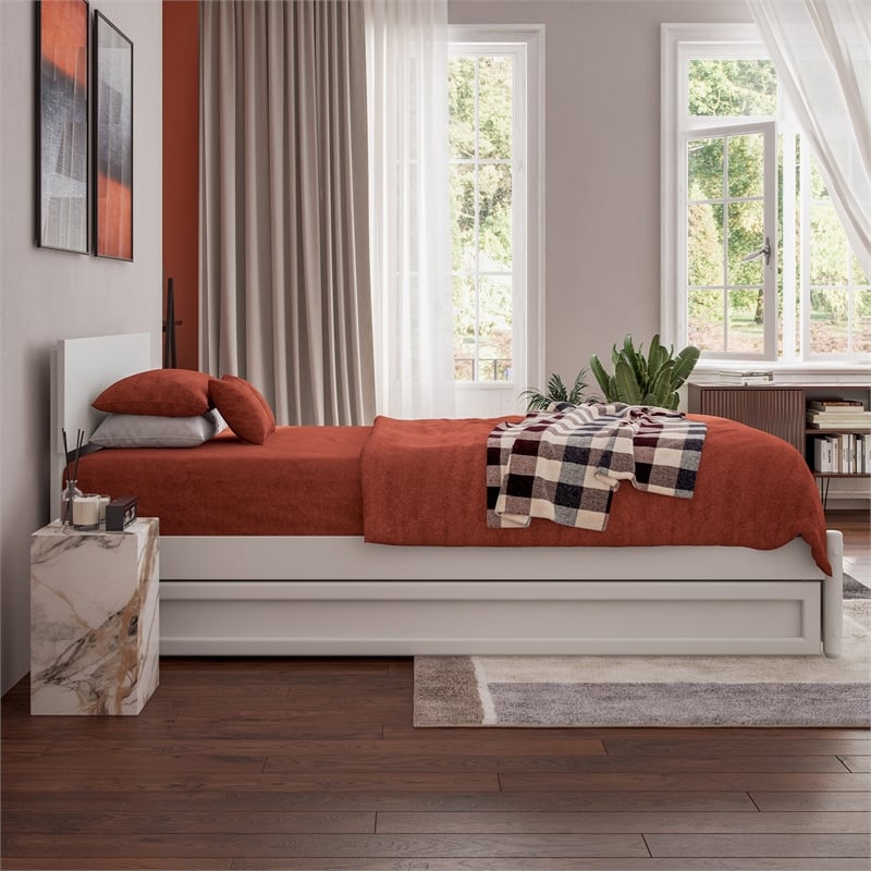 Wesley Twin XL Wood Platform Bed with Panel Footboard & Twin XL Trundle in White