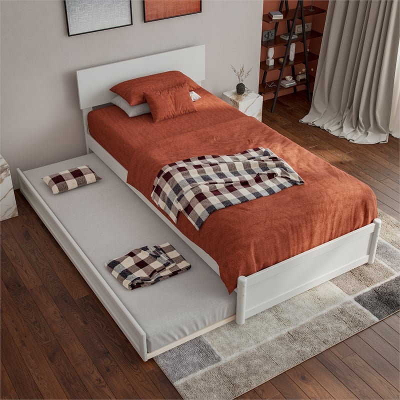 Wesley Twin XL Wood Platform Bed with Panel Footboard & Twin XL Trundle in White