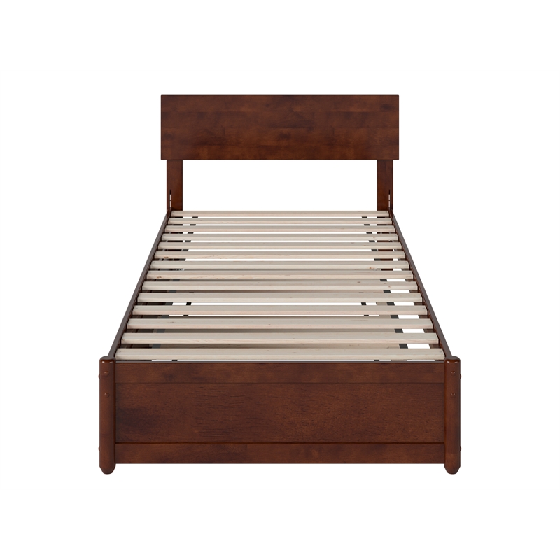 Wesley Twin XL Wood Platform Bed with Panel Footboard & Twin XL Trundle in Walnut