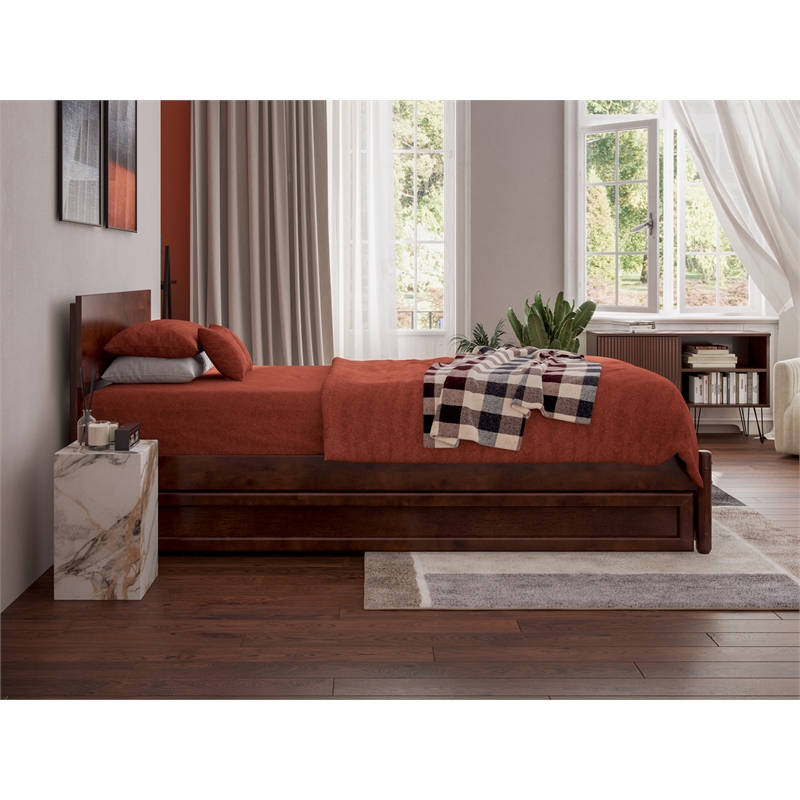 Wesley Twin XL Wood Platform Bed with Panel Footboard & Twin XL Trundle in Walnut