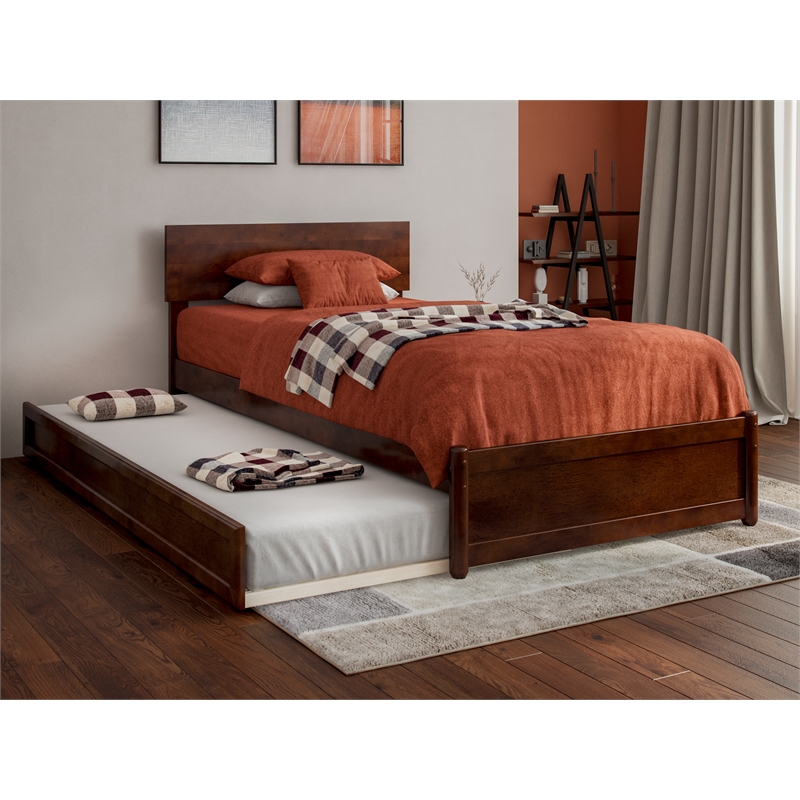 Wesley Twin XL Wood Platform Bed with Panel Footboard & Twin XL Trundle in Walnut