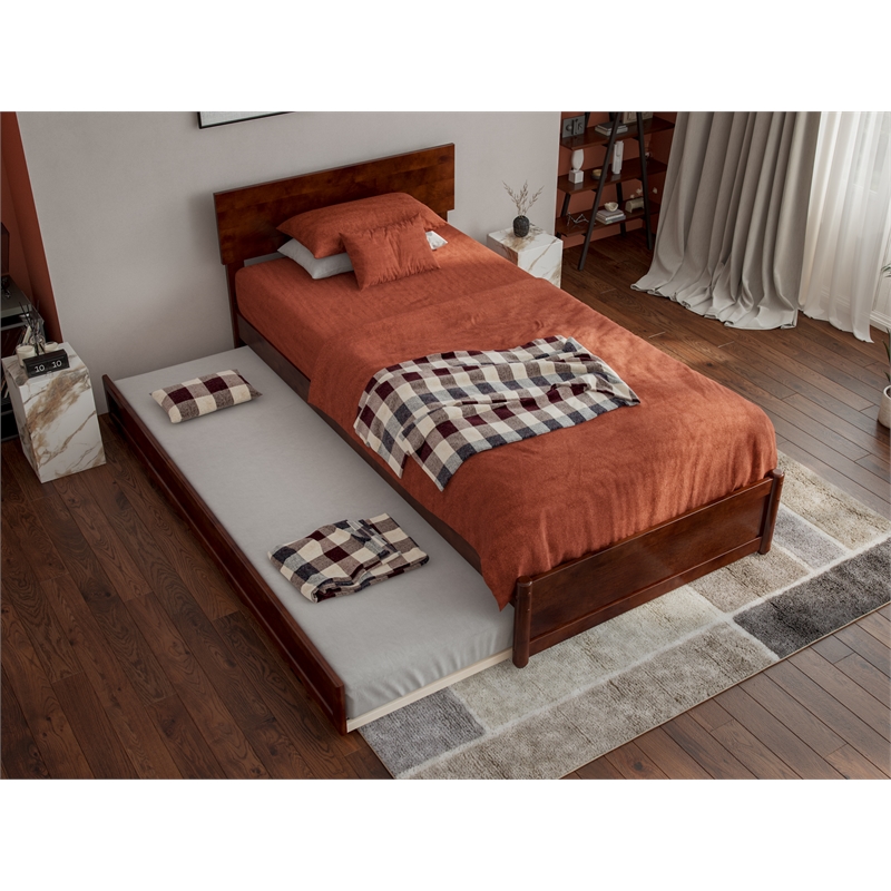Wesley Twin XL Wood Platform Bed with Panel Footboard & Twin XL Trundle in Walnut