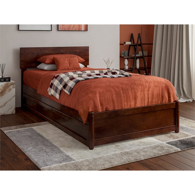 Wesley Twin XL Wood Platform Bed with Panel Footboard & Twin XL Trundle in Walnut