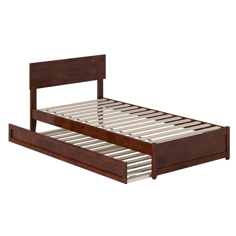 Wesley Twin XL Wood Platform Bed with Panel Footboard & Twin XL Trundle in Walnut
