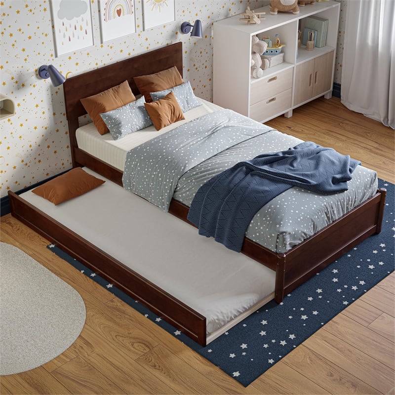 Wesley Twin XL Wood Platform Bed with Panel Footboard & Twin XL Trundle in Walnut