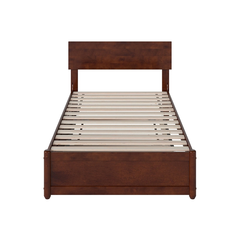 Wesley Twin XL Wood Platform Bed with Panel Footboard & Twin XL Trundle in Walnut