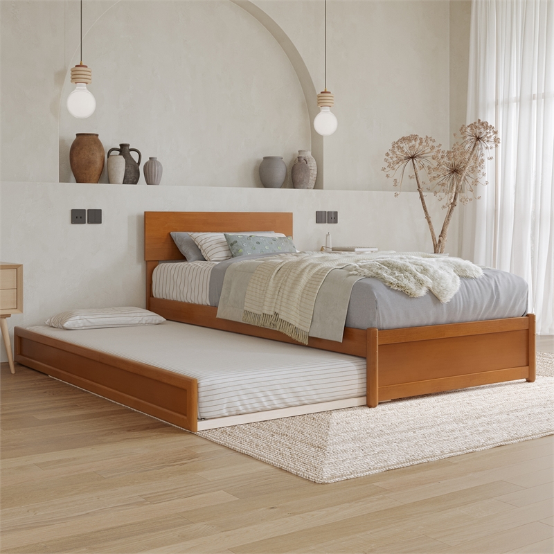 Wesley Twin XL Platform Bed with Panel Footboard & TXL Trundle in Light Toffee
