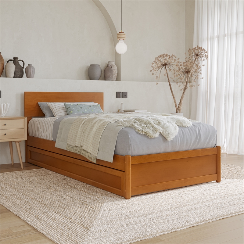 Wesley Twin XL Platform Bed with Panel Footboard & TXL Trundle in Light Toffee
