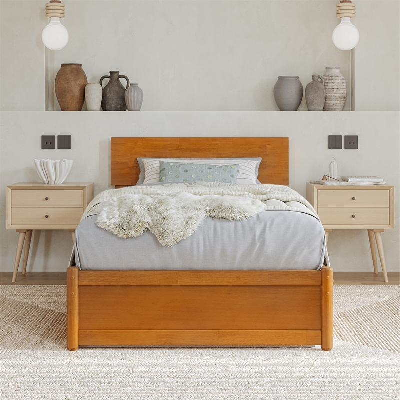 Wesley Twin XL Platform Bed with Panel Footboard & TXL Trundle in Light Toffee