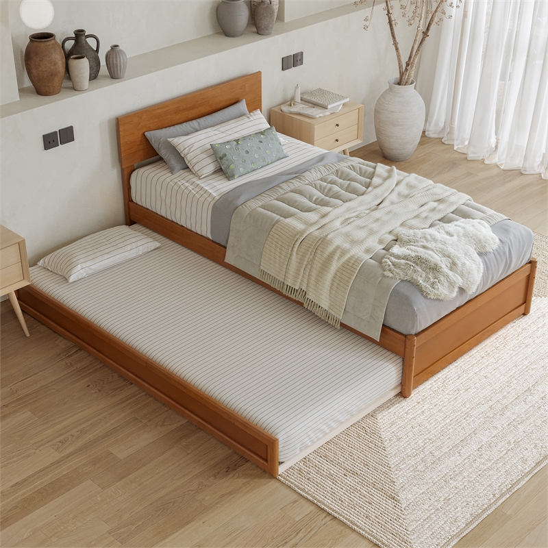 Wesley Twin XL Platform Bed with Panel Footboard & TXL Trundle in Light Toffee