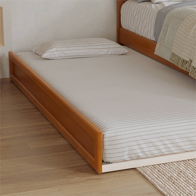 Wesley Twin XL Platform Bed with Panel Footboard & TXL Trundle in Light Toffee