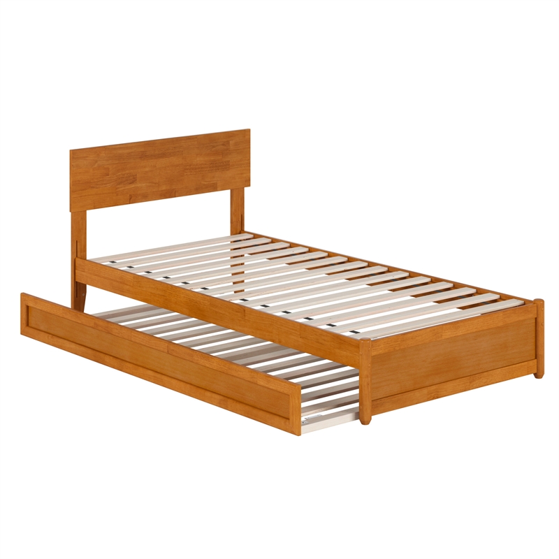 Wesley Twin XL Platform Bed with Panel Footboard & TXL Trundle in Light Toffee