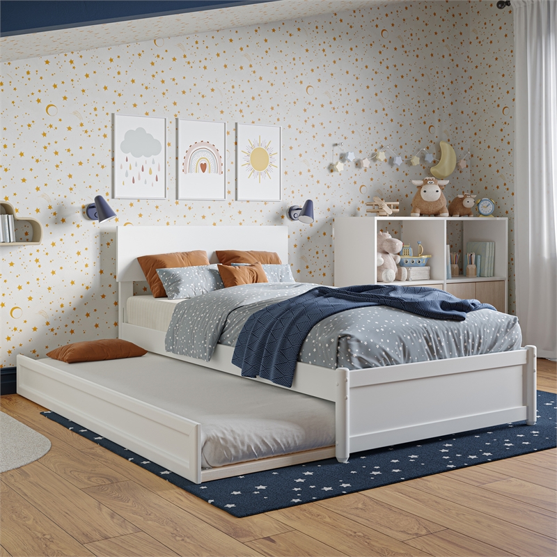 Wesley Twin Wood Platform Bed with Panel Footboard and Twin Trundle in White
