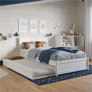 Wesley Twin Wood Platform Bed with Panel Footboard and Twin Trundle in White