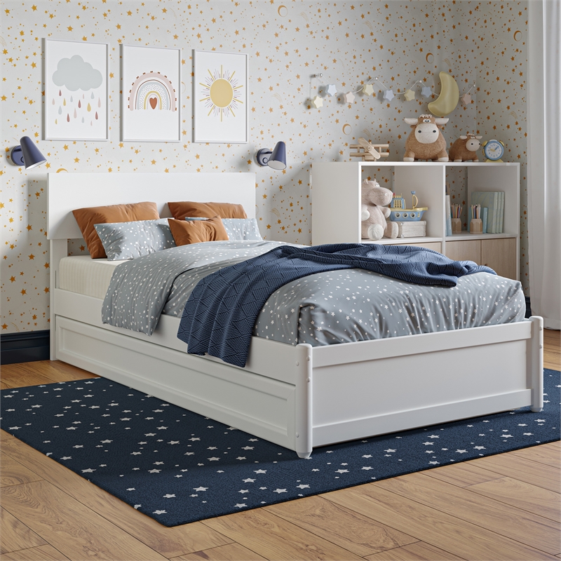 Wesley Twin Wood Platform Bed with Panel Footboard and Twin Trundle in White
