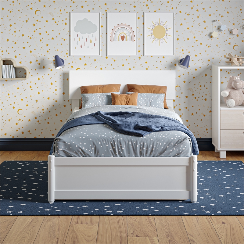 Wesley Twin Wood Platform Bed with Panel Footboard and Twin Trundle in White
