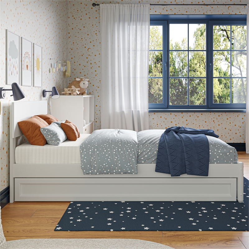 Wesley Twin Wood Platform Bed with Panel Footboard and Twin Trundle in White