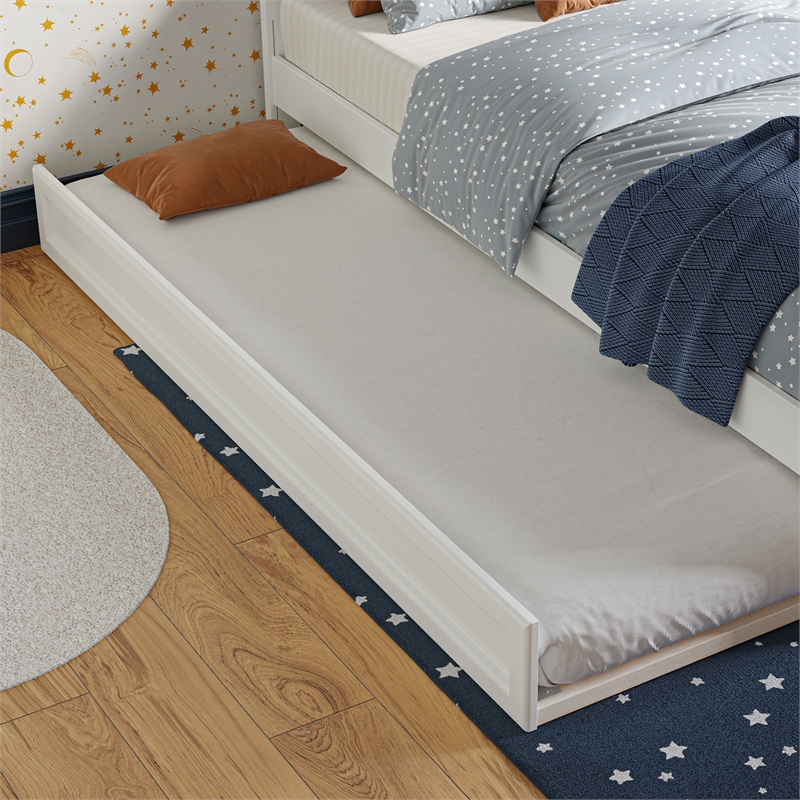 Wesley Twin Wood Platform Bed with Panel Footboard and Twin Trundle in White