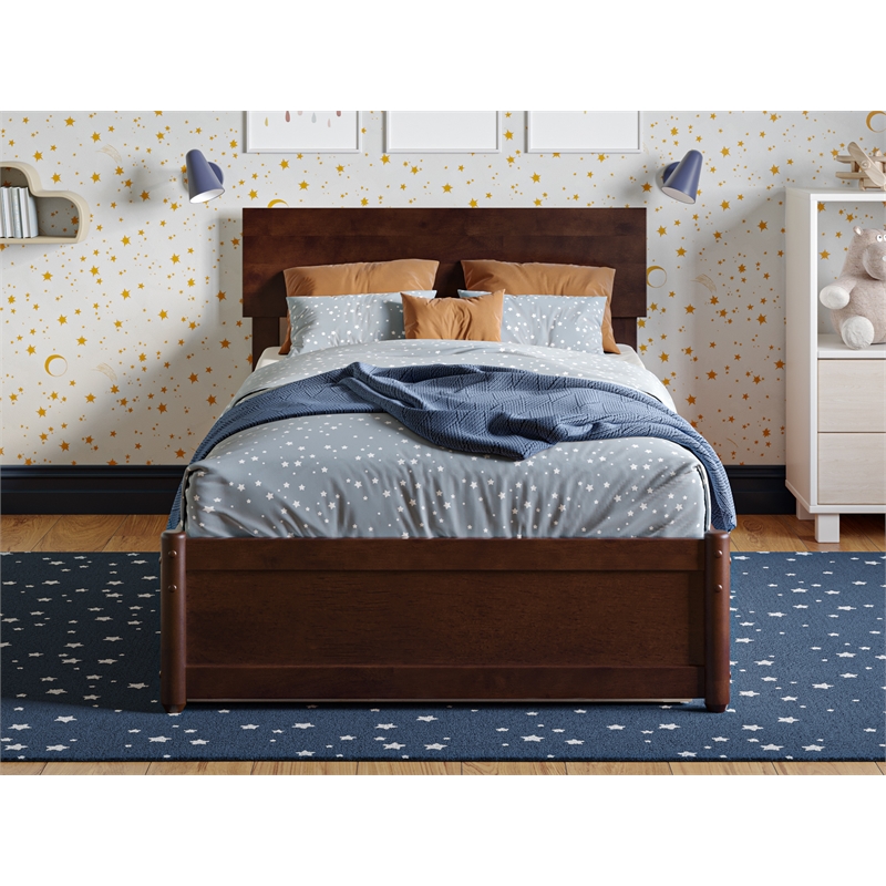 Wesley Twin Wood Platform Bed with Panel Footboard and Twin Trundle in Walnut