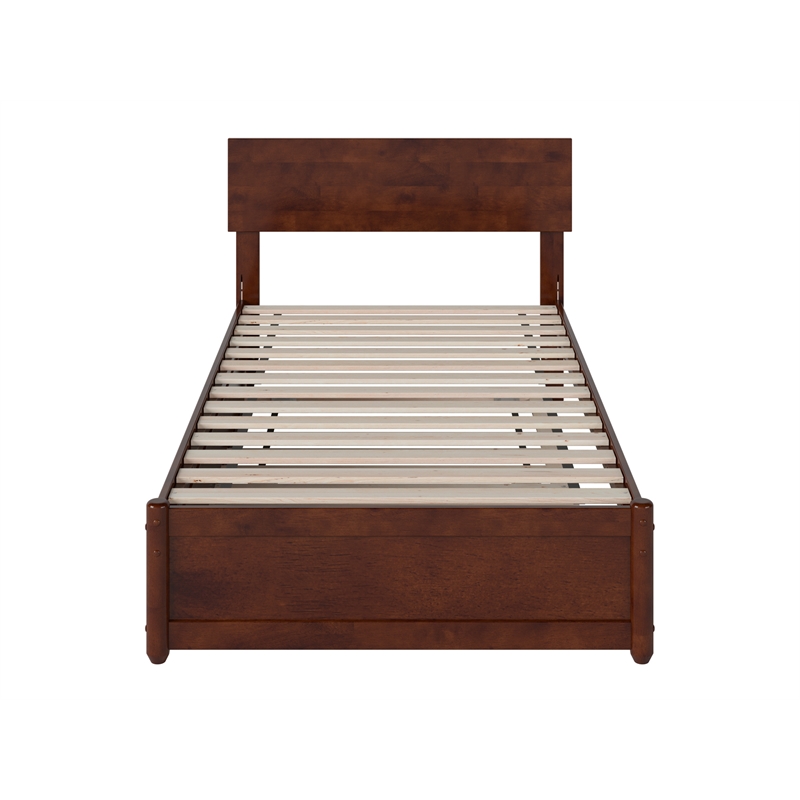 Wesley Twin Wood Platform Bed with Panel Footboard and Twin Trundle in Walnut